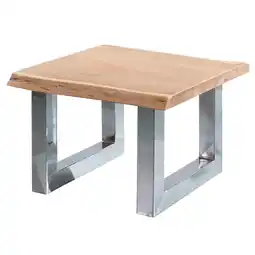 Netto Marken-Discount KADIMA DESIGN Massivholz Couchtisch im Landhaus-Stil, Braun, Baumkanten, Metallbeine, 58x40x60 cm Angebot