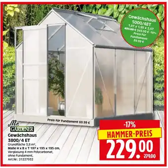 Herkules Baumarkt Mr. GARDENER Gewächshaus 3800/4 ET Angebot