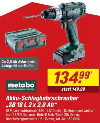 toom Baumarkt Metabo Akku-Schlagbohrschrauber ,,SB 18 L 2x2,0 Ah" Angebot