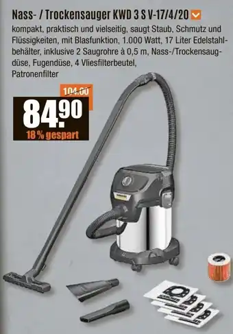 V Baumarkt Karcher Nass-/Trockensauger KWD 3 S V-17/4/20 Angebot