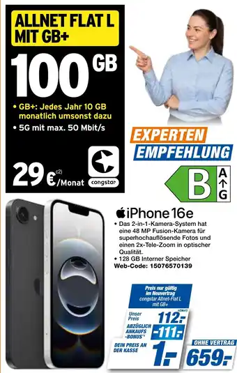 expert Techno Land Apple iPhone 16e + ALLNET FLAT L MIT GB+ 100GB Angebot