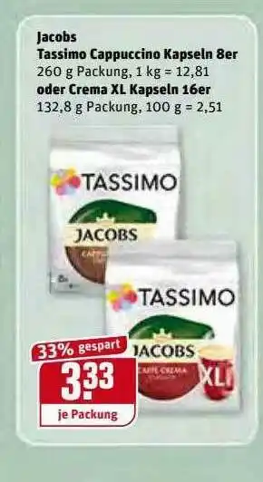 REWE Kaufpark Jacobs Tassimo Cappuccino Kapseln 8er Oder Crema XL Kapsen 16er Angebot