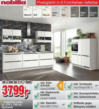 Möbelfundgrube nobilia Eckküche Laser, ca. 270 + 150 cm, Alpinweiß Angebot