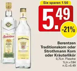 WEZ Berentzen Traditionskorn oder Strothmann Korn oder Kräuterlikör Angebot
