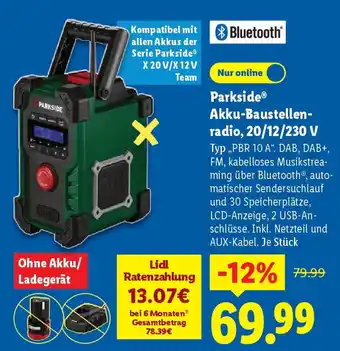 Lidl Parkside Akku-Baustellen- radio, 20/12/230 V Angebot