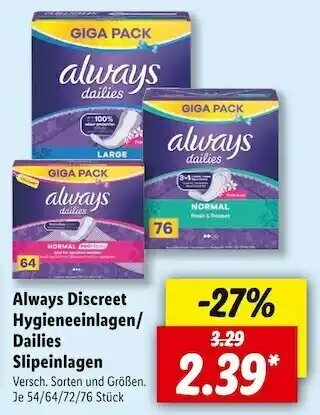 Lidl Always discreet hygieneeinlagen/ dailies slipeinlagen Angebot