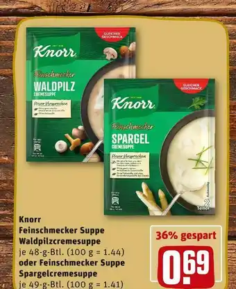 REWE Knorr feinschmecker suppe waldpilzcremesuppe oder feinschmecker suppe spargelcremesuppe Angebot