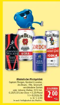 Marktkauf Captain morgan, gordon's london, jim beam, -196, smirnoff, johnnie walker alkoholische mischgetränk Angebot