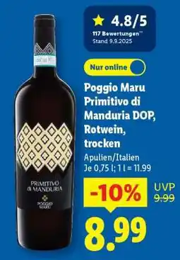 Lidl Poggio Maru Primitivo di Manduria DOP, Rotwein, trocken Angebot