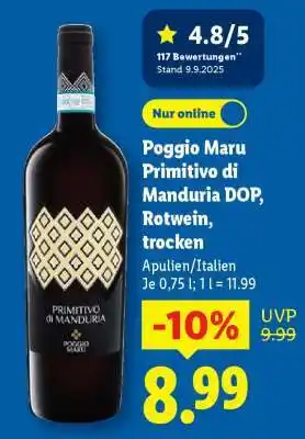 Lidl Poggio Maru Primitivo di Manduria DOP, Rotwein, trocken Angebot