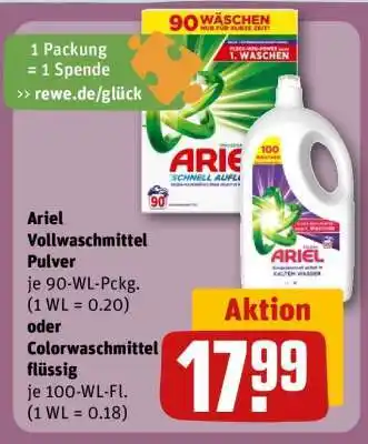 REWE Ariel Vollwaschmittel Pulver oder Colorwaschmittel flüssig Angebot