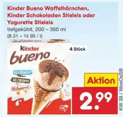 Netto Marken-Discount Kinder Bueno Waffelhörnchen, Kinder Schokoladen Stieleis oder Yogurette Stieleis Angebot