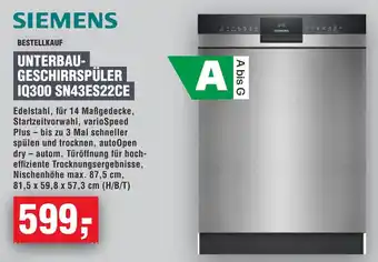 Handelshof SIEMENS UNTERBAU- GESCHIRRSPÜLER IQ300 SN43ES22CE Angebot
