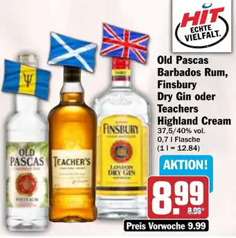 HIT Old Pascas Barbados Rum, Finsbury Dry Gin oder Teachers Highland Cream Angebot