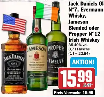 HIT Jack Daniels Old N°7, Evermann Whisky, Jameson Blended oder Propper N°12 Irish Whiskey Angebot