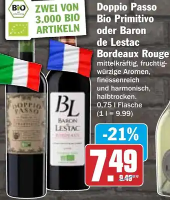 HIT Doppio Passo Bio Primitivo oder Baron de Lestac Bordeaux Rouge Angebot