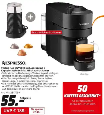 MediaMarkt NESPRESSO Vertuo Pop ENV90.B inkl. Aeroccino 3 Kapselmaschine inkl. Milchaufschäumer Angebot