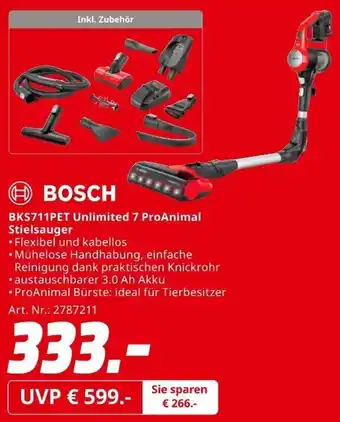 MediaMarkt BOSCH BKS711PET Unlimited 7 ProAnimal Stielsauger Angebot