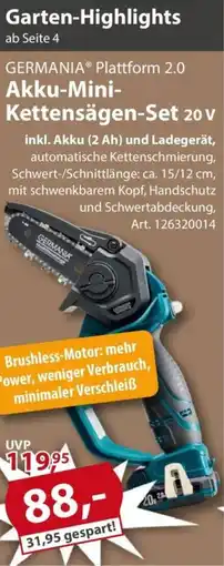 Sonderpreis Baumarkt GERMANIA Plattform 2.0 Akku-Mini Kettensägen-Set 20 v Angebot