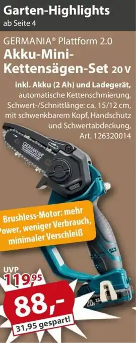 Sonderpreis Baumarkt GERMANIA Plattform 2.0 Akku-Mini Kettensägen-Set 20 v Angebot