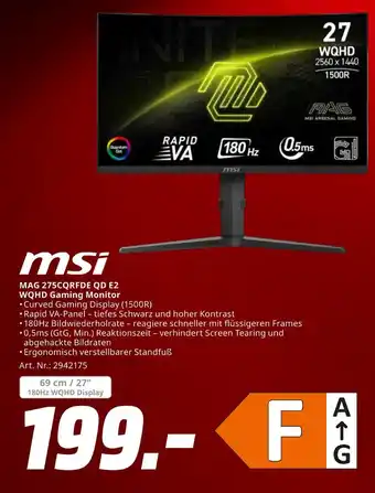 MediaMarkt Msi mag 275cqrfde qd e2 wqhd gaming monitor Angebot