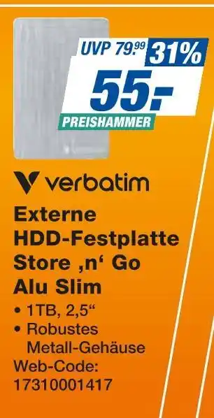 Expert Verbatim externe hdd-festplatte store 'n' go alu slim Angebot
