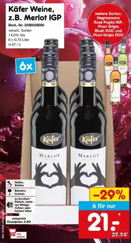 Netto Marken-Discount Käfer Weine, z.B. Merlot IGP Angebot