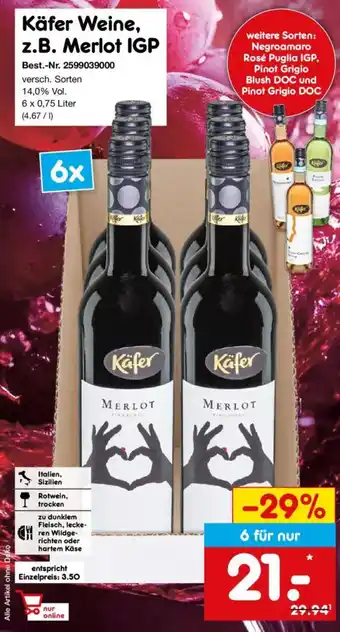 Netto Marken-Discount Käfer Weine, z.B. Merlot IGP Angebot