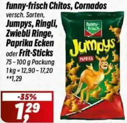 Simmel funny-frisch Chitos, Cornados, Jumpys, Ringli, Zwiebli Ringe, Paprika Ecken oder Frit-Sticks Angebot