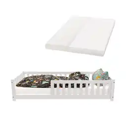 Netto Marken-Discount Juskys Kinderbett Naya 90x200 cm - Bett mit Matratze, Rausfallschutz & Lattenrost - Bodenbett Weiß Angebot