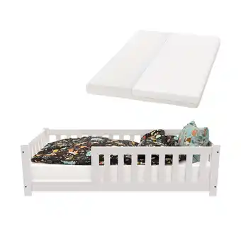 Netto Marken-Discount Juskys Kinderbett Naya 80x160 cm - Bett mit Matratze, Rausfallschutz & Lattenrost - Bodenbett Weiß Angebot
