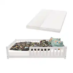Netto Marken-Discount Juskys Kinderbett Naya 140x200 cm - Bett mit Matratze, Rausfallschutz & Lattenrost - Bodenbett Weiß Angebot