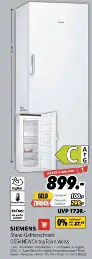 MEDIMAX SIEMENS Stand-Gefrierschrank GS54NEWCV top Team Weiss Angebot