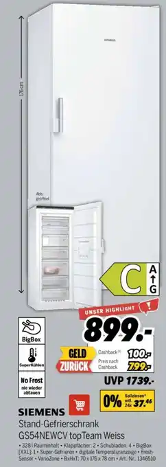 MEDIMAX SIEMENS Stand-Gefrierschrank GS54NEWCV top Team Weiss Angebot