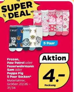 NETTO Frozen, Paw Patrol, Feuerwehrmann Sam, Peppa Pig 5 Paar Socken Angebot