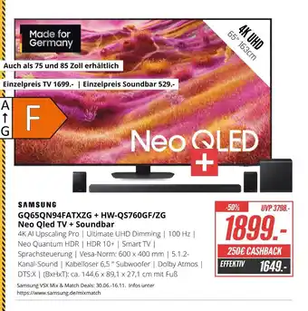 Hirsch und Ille Samsung gq65qn94fatxzg + hw-qs760gf/zg neo qled tv + soundbar Angebot