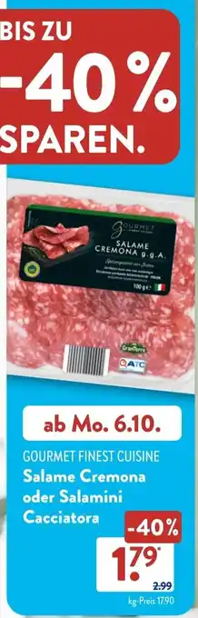 Aldi Süd GOURMET FINEST CUISINE Salame Cremona oder Salamini Cacciatora Angebot
