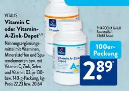 Aldi Süd VITALIS Vitamin C oder Vitamin- A-Zink-Depot 100er Packung Angebot