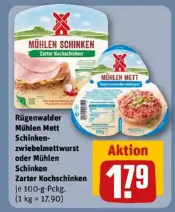 REWE Rügenwalder Mühlen Mett Schinkenzwiebelmettwurst oder Mühlen Schinken Zarter Kochschinken Angebot