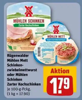 REWE Rügenwalder Mühlen Mett Schinkenzwiebelmettwurst oder Mühlen Schinken Zarter Kochschinken Angebot