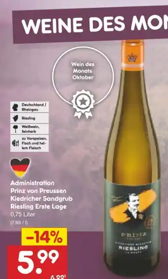 Netto Marken-Discount Prinz von Preussen Kiedricher Sandgrub Riesling Erste Lage Angebot