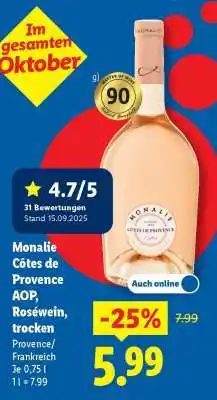 Lidl Monalie Côtes de Provence AOP, Roséwein, trocken Angebot