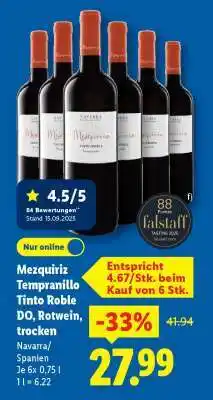 Lidl Mezquiriz Tempranillo Tinto Roble DO, Rotwein, trocken Angebot