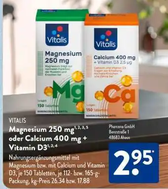 Aldi Süd VITALIS Magnesium 250 mg oder Calcium 400 mg + Vitamin D3 Angebot