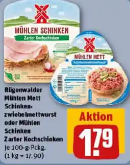 REWE Rügenwalder Mühlen Mett Schinken- zwiebelmettwurst oder Mühlen Schinken Zarter Kochschinken Angebot