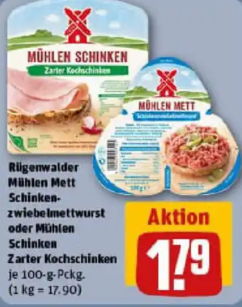 REWE Rügenwalder Mühlen Mett Schinken- zwiebelmettwurst oder Mühlen Schinken Zarter Kochschinken Angebot