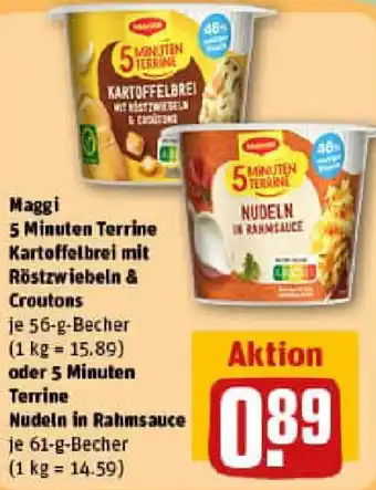 REWE Maggi 5 Minuten Terrine Kartoffelbrei mit Röstzwiebeln & Croutons oder 5 Minuten Terrine Nudeln in Rahmsauce Angebot