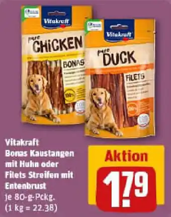 REWE Vitakraft Bonas Kaustangen mit Huhn oder Filets Streifen mit Entenbrust Angebot