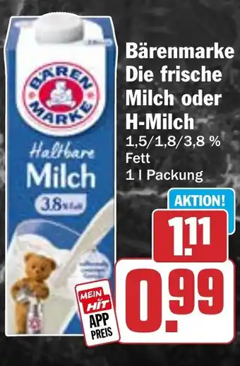 HIT Bärenmarke Die frische Milch oder H-Milch Angebot