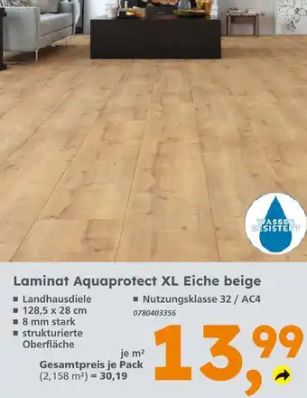 Globus Baumarkt Laminat aquaprotect xl eiche beige Angebot